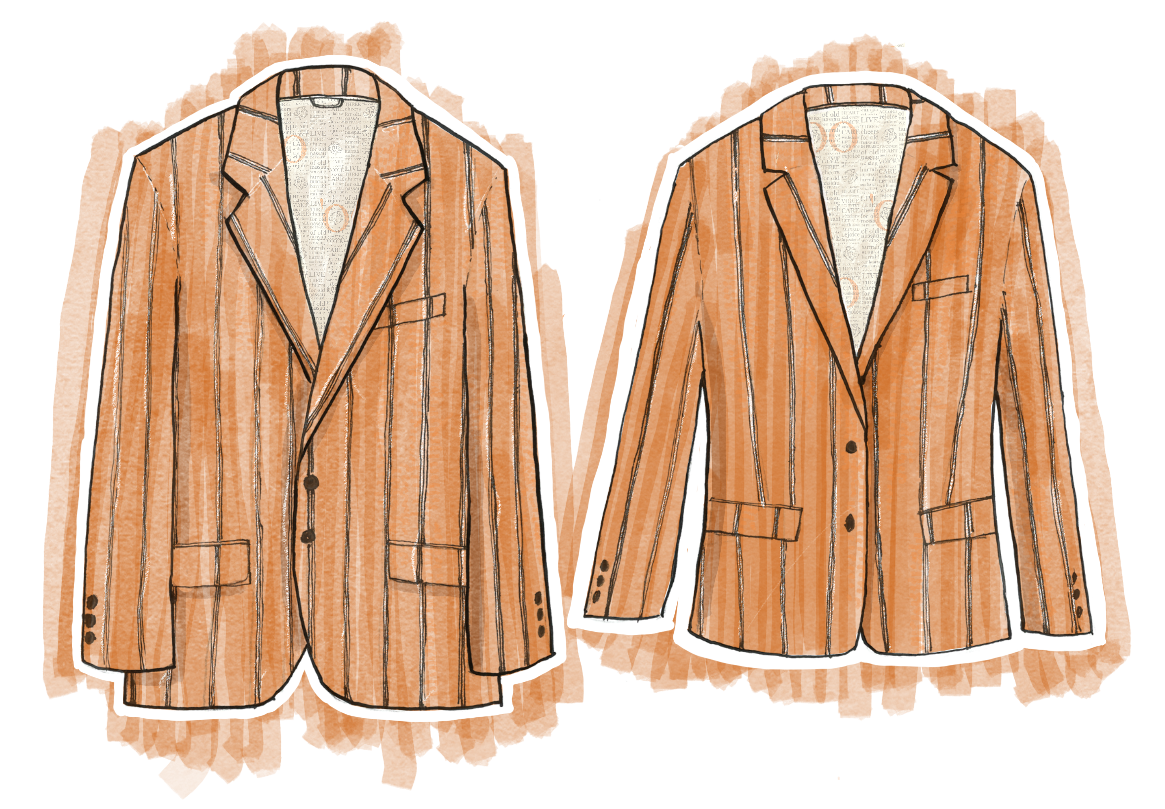 A seersucker-type jacket with wide orange stripes and small black accent stripes. The lining is cream, with the lyrics of Old Nassau, interrupted occasionally with a sketch of the Nassau Hall tiger in profile, and overlid with a large 